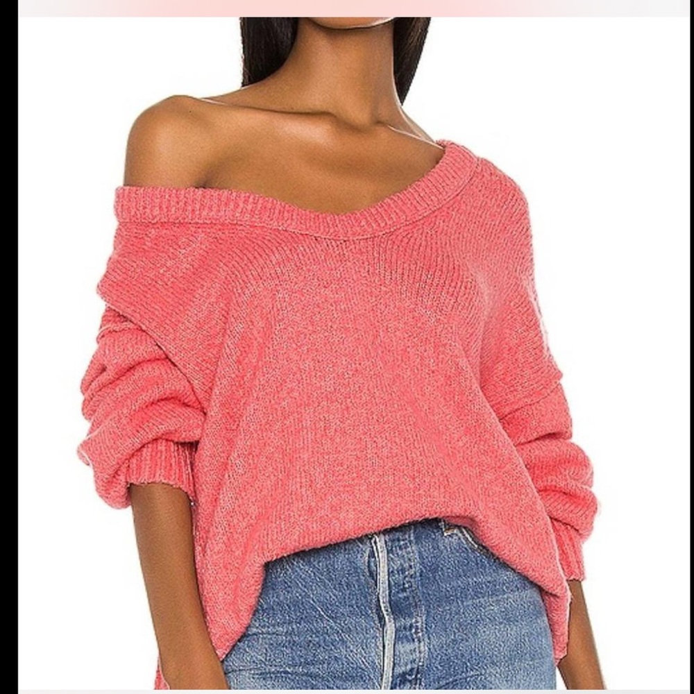 Free People Brookside Tunic Sweater Pink Oversized V-Neck Knit Size Small